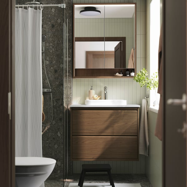 ÄNGSJÖN / BACKSJÖN - Washbasin/drawer unit/misc, oak-effect brown/marble-effect white,82x49x71 cm