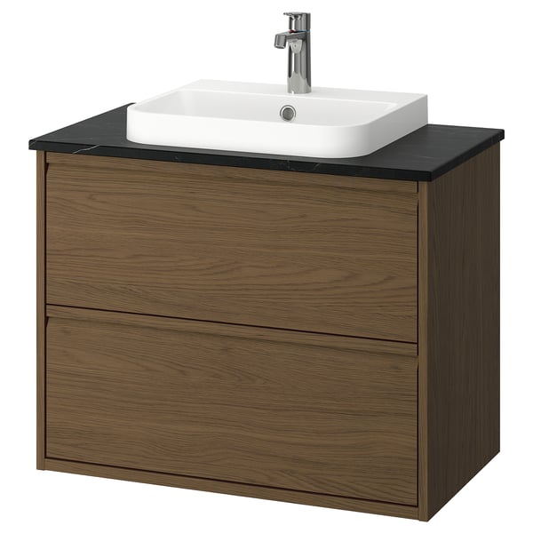 ÄNGSJÖN / BACKSJÖN wash-stnd w drawers/wash-basin/tap, brown oak effect/black marble effect, 82x49x71 cm
