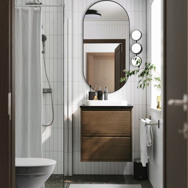 ÄNGSJÖN / BACKSJÖN - Washbasin/drawer unit/misc, oak-effect brown/marble-effect black,62x49x71 cm