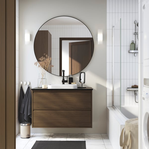 ÄNGSJÖN / BACKSJÖN - Washbasin/drawer unit/misc, oak-effect brown/marble-effect black,102x49x71 cm
