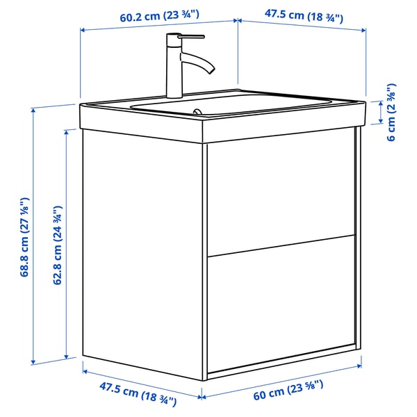 ÄNGSJÖN / BACKSJÖN wash-stnd w drawers/wash-basin/tap, brown oak effect, 60x48x69 cm