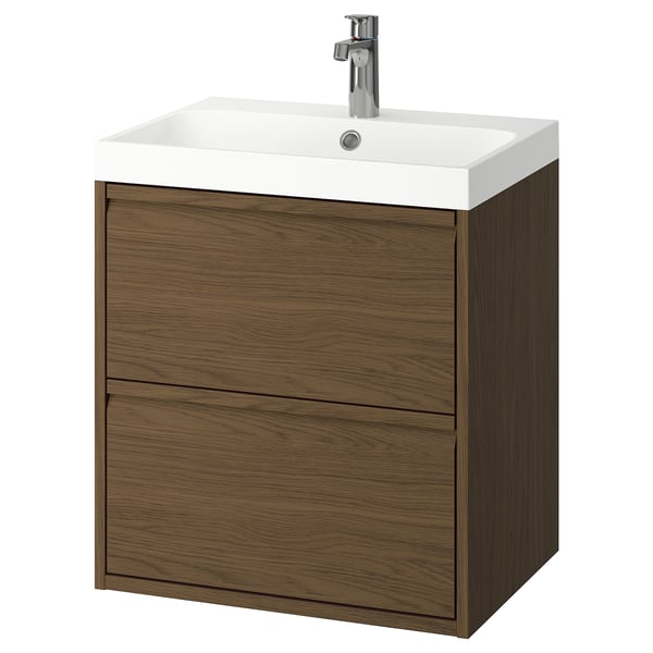 ÄNGSJÖN / BACKSJÖN wash-stnd w drawers/wash-basin/tap, brown oak effect, 60x48x69 cm