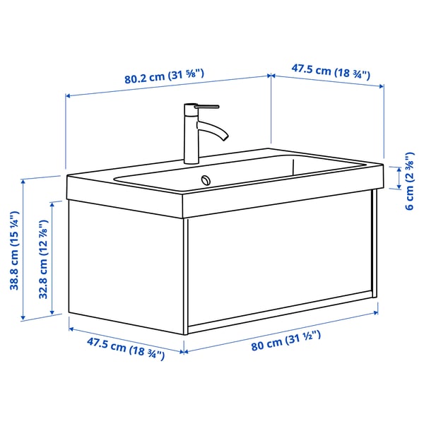 ÄNGSJÖN / BACKSJÖN wash-stnd w drawer/wash-basin/tap, oak effect, 80x48x39 cm