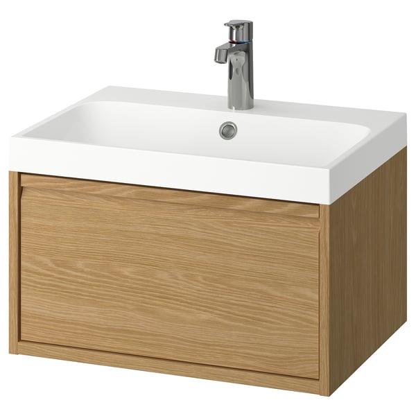 ÄNGSJÖN / BACKSJÖN wash-stnd w drawer/wash-basin/tap, oak effect, 60x48x39 cm
