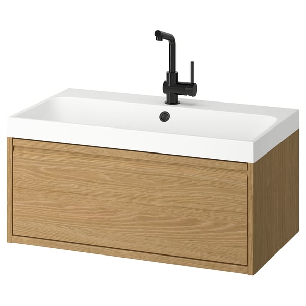 ÄNGSJÖN / BACKSJÖN wash-stnd w drawer/wash-basin/tap, oak effect, 80x48x39 cm