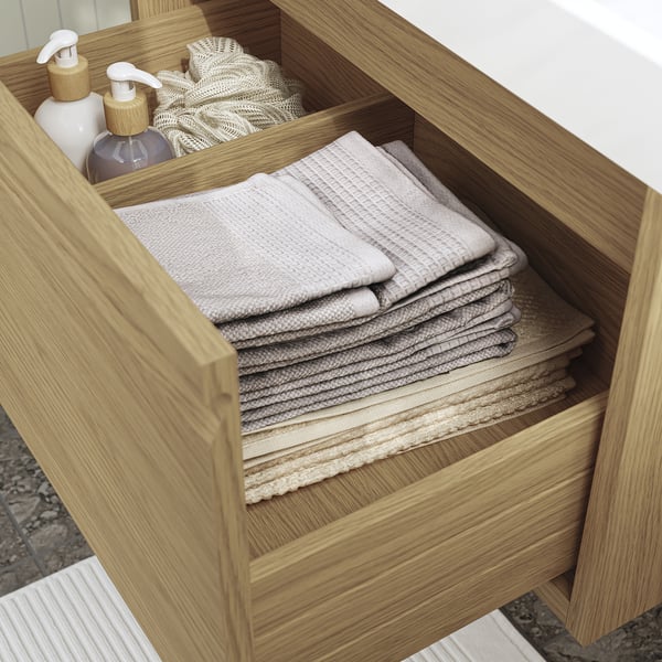 ÄNGSJÖN / BACKSJÖN wash-stnd w drawer/wash-basin/tap, oak effect, 60x48x39 cm