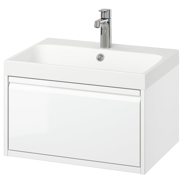 ÄNGSJÖN / BACKSJÖN wash-stnd w drawer/wash-basin/tap, high-gloss white, 60x48x39 cm