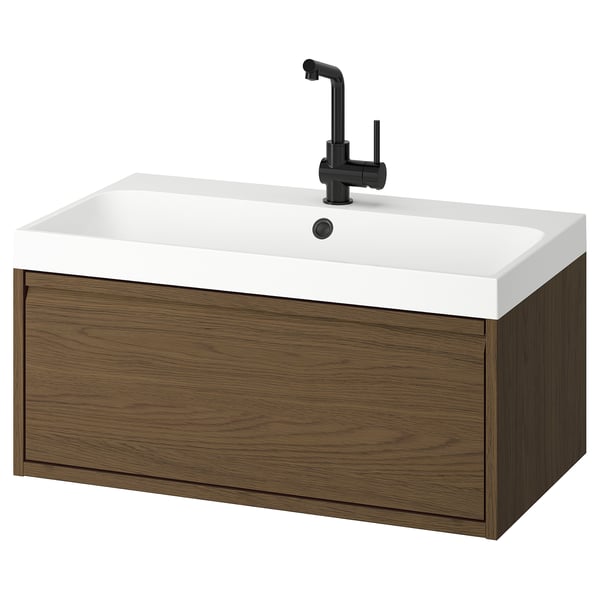ÄNGSJÖN / BACKSJÖN wash-stnd w drawer/wash-basin/tap, brown oak effect, 80x48x39 cm