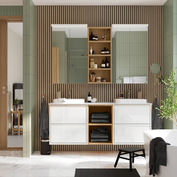 ÄNGSJÖN / BACKSJÖN wash-stand/wash-basins/taps, high-gloss white/oak effect/white marble effect, 162x49x71 cm