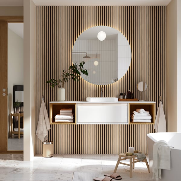 ÄNGSJÖN / BACKSJÖN wash-stand/wash-basins/taps, high-gloss white/oak effect/white marble effect, 162x49x41 cm