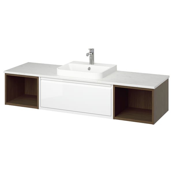ÄNGSJÖN / BACKSJÖN wash-stand/wash-basins/taps, high-gloss white/brown oak effect/white marble effect, 162x49x41 cm