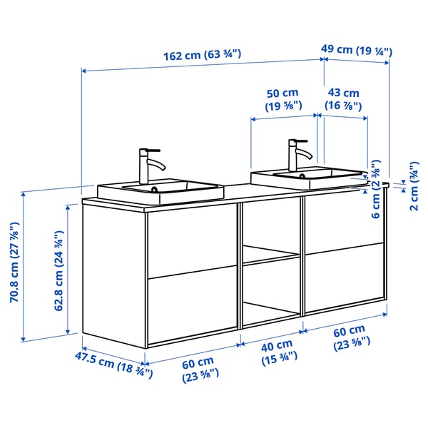 ÄNGSJÖN / BACKSJÖN - Washbasin/washbasin/mixer unit, high-gloss white/brown eff oak/white marble effect,162x49x71 cm