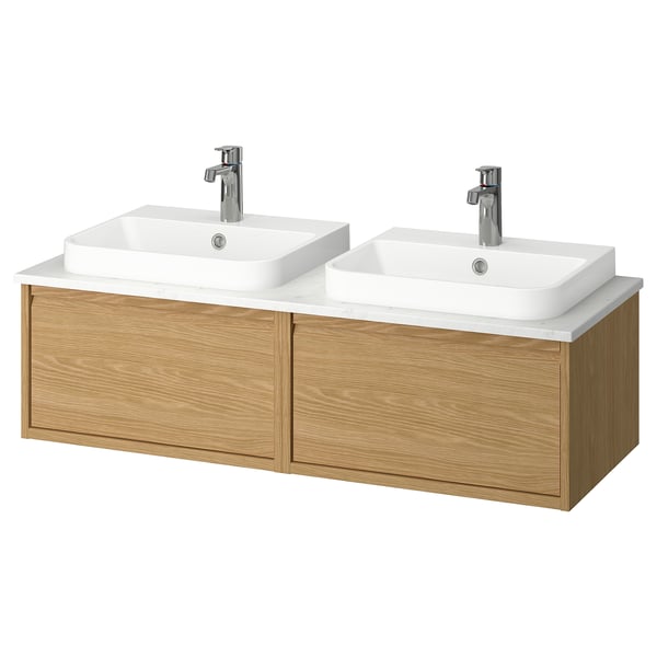 ÄNGSJÖN / BACKSJÖN wash-stand/wash-basins/taps, oak effect/white marble effect, 122x49x41 cm