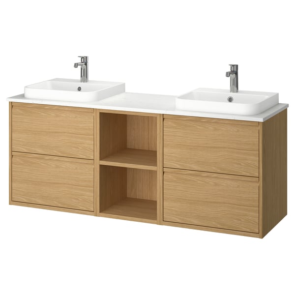ÄNGSJÖN / BACKSJÖN wash-stand/wash-basins/taps, oak effect/white marble effect, 162x49x71 cm
