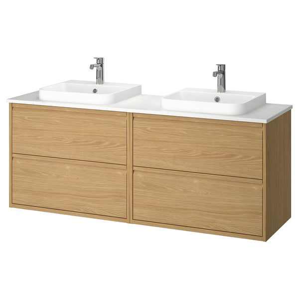 ÄNGSJÖN / BACKSJÖN wash-stand/wash-basins/taps, oak effect/white marble effect, 162x49x71 cm