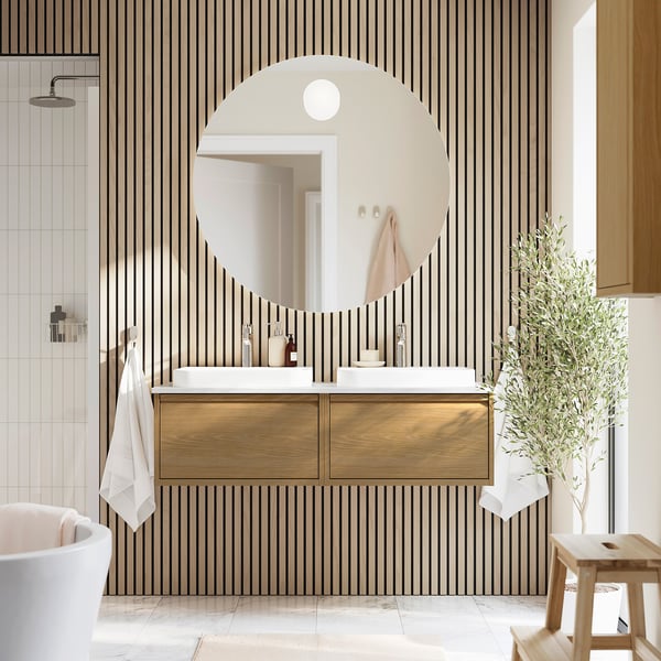 ÄNGSJÖN / BACKSJÖN - Washbasin/washbasin unit, oak/white marble effect,122x49x41 cm