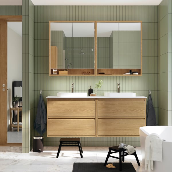 ÄNGSJÖN / BACKSJÖN - Washbasin/washbasin unit, oak/white marble effect,162x49x71 cm