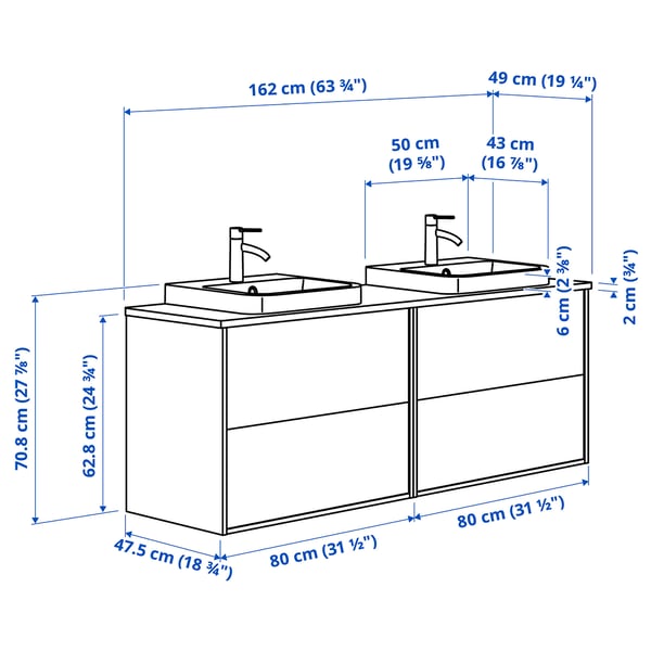ÄNGSJÖN / BACKSJÖN - Washbasin/washbasin unit, oak/white marble effect,162x49x71 cm