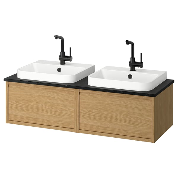 ÄNGSJÖN / BACKSJÖN wash-stand/wash-basins/taps, oak effect/black marble effect, 122x49x41 cm