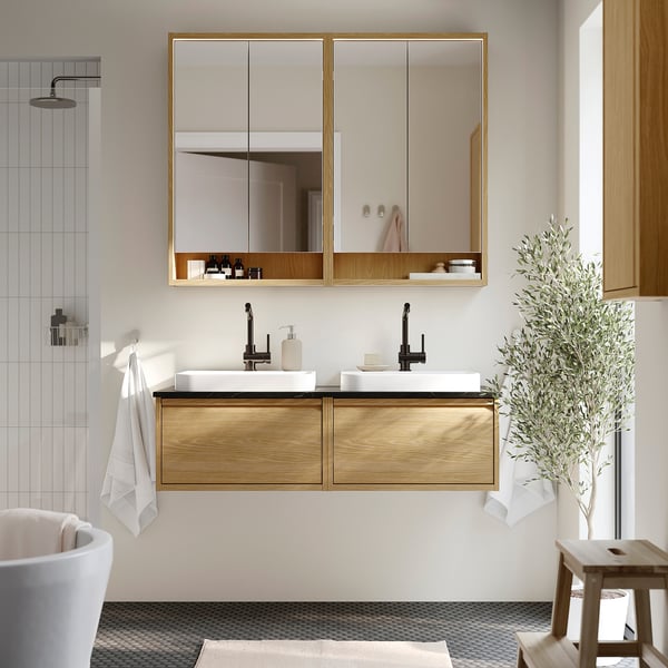 ÄNGSJÖN / BACKSJÖN - Washbasin/washbasin unit, oak/black marble effect,122x49x41 cm