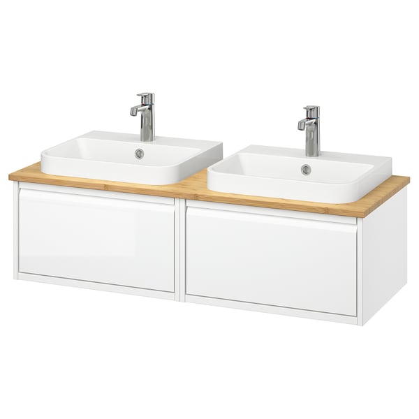 ÄNGSJÖN / BACKSJÖN wash-stand/wash-basins/taps, high-gloss white/bamboo, 122x49x41 cm