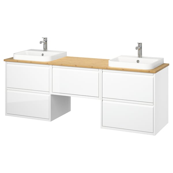 ÄNGSJÖN / BACKSJÖN wash-stand/wash-basins/taps, high-gloss white/bamboo, 182x49x71 cm