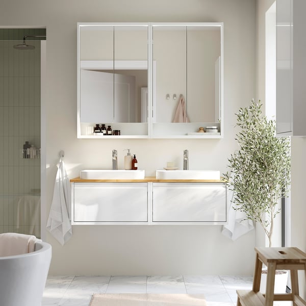 ÄNGSJÖN / BACKSJÖN wash-stand/wash-basins/taps, high-gloss white/bamboo, 122x49x41 cm