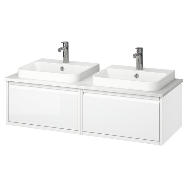 ÄNGSJÖN / BACKSJÖN wash-stand/wash-basins/taps, high-gloss white/white marble effect, 122x49x41 cm