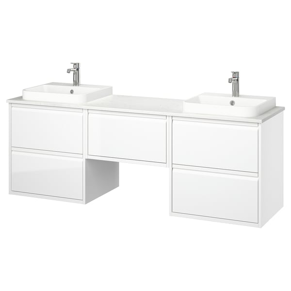 ÄNGSJÖN / BACKSJÖN wash-stand/wash-basins/taps, high-gloss white/white marble effect, 182x49x71 cm