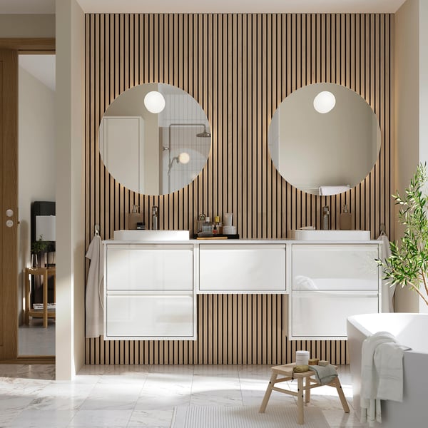 ÄNGSJÖN / BACKSJÖN wash-stand/wash-basins/taps, high-gloss white/white marble effect, 182x49x71 cm