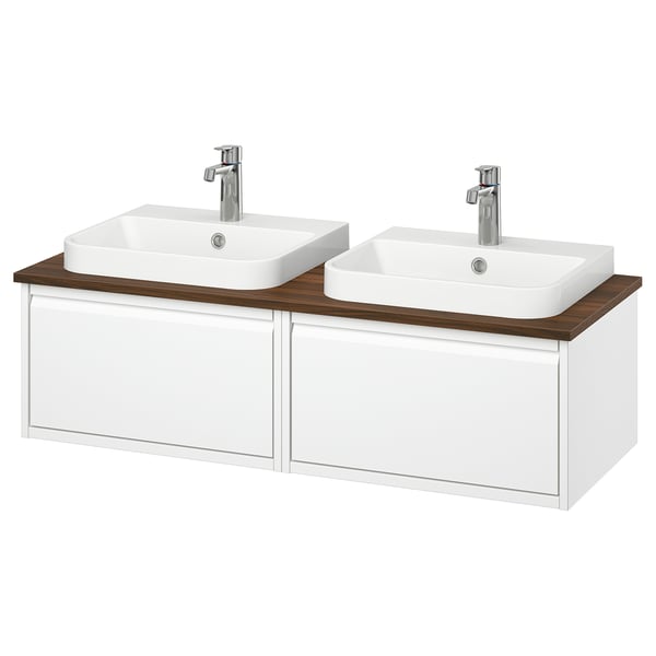 ÄNGSJÖN / BACKSJÖN wash-stand/wash-basins/taps, high-gloss white/brown walnut effect, 122x49x41 cm