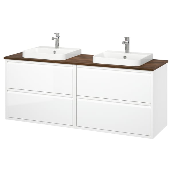 ÄNGSJÖN / BACKSJÖN wash-stand/wash-basins/taps, high-gloss white/brown walnut effect, 162x49x71 cm