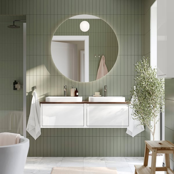 ÄNGSJÖN / BACKSJÖN wash-stand/wash-basins/taps, high-gloss white/brown walnut effect, 122x49x41 cm
