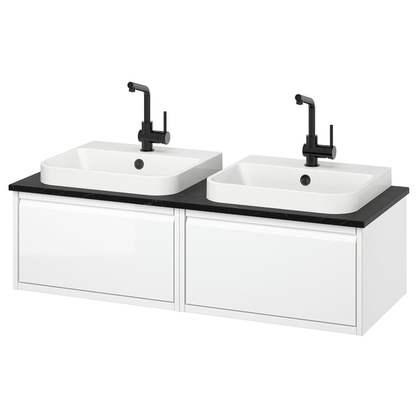 ÄNGSJÖN / BACKSJÖN wash-stand/wash-basins/taps, high-gloss white/black marble effect, 122x49x41 cm
