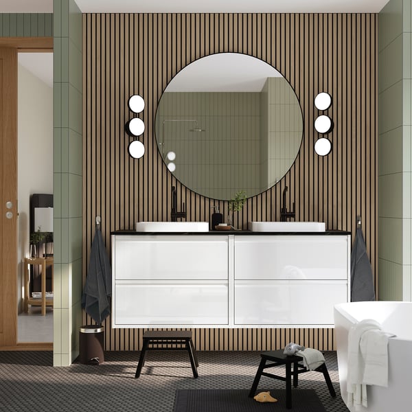 ÄNGSJÖN / BACKSJÖN wash-stand/wash-basins/taps, high-gloss white/black marble effect, 162x49x71 cm