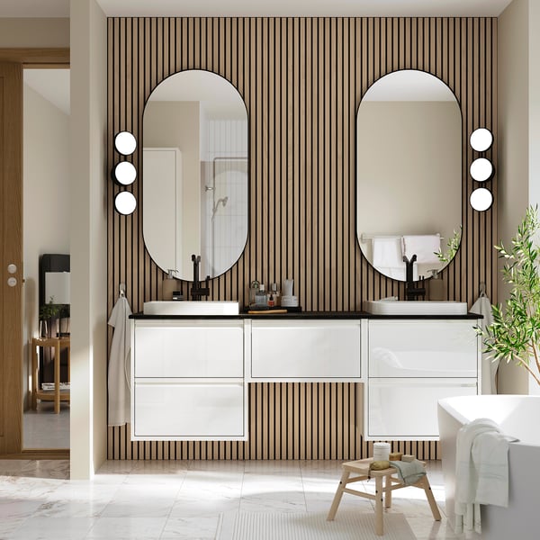 ÄNGSJÖN / BACKSJÖN wash-stand/wash-basins/taps, high-gloss white/black marble effect, 182x49x71 cm