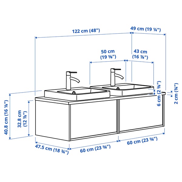 ÄNGSJÖN / BACKSJÖN wash-stand/wash-basins/taps, high-gloss white/black marble effect, 122x49x41 cm