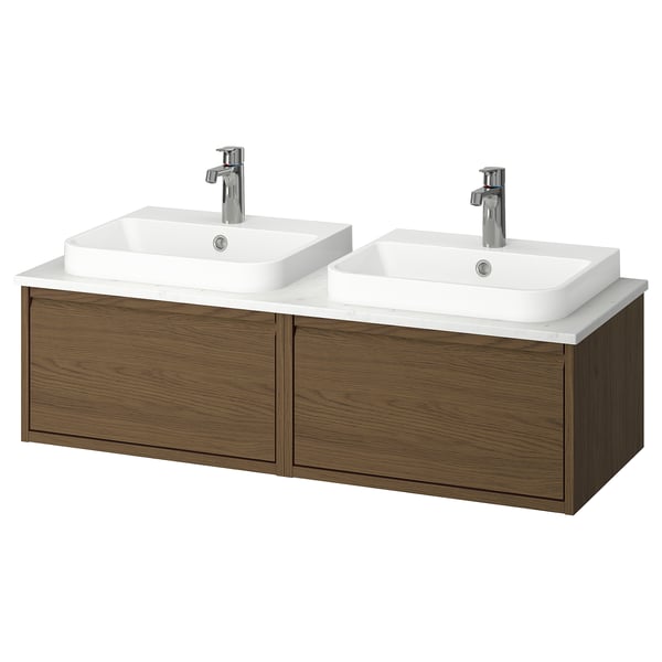 ÄNGSJÖN / BACKSJÖN - Washbasin/washbasin unit, oak-effect brown/marble-effect white,122x49x41 cm