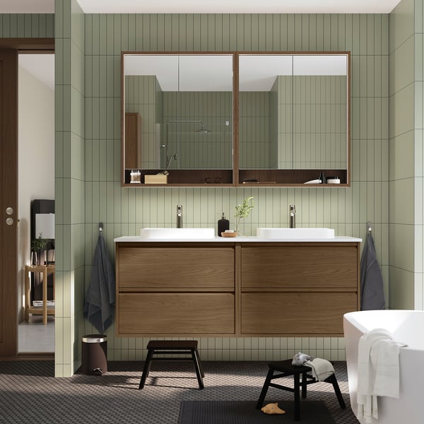 ÄNGSJÖN / BACKSJÖN wash-stand/wash-basins/taps, brown oak effect/white marble effect, 162x49x71 cm