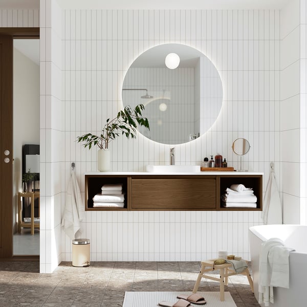 ÄNGSJÖN / BACKSJÖN wash-stand/wash-basins/taps, brown oak effect/white marble effect, 162x49x41 cm