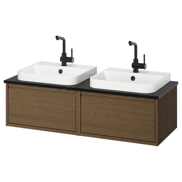 ÄNGSJÖN / BACKSJÖN - Washbasin/washbasin unit, oak-effect brown/marble-effect black,122x49x41 cm