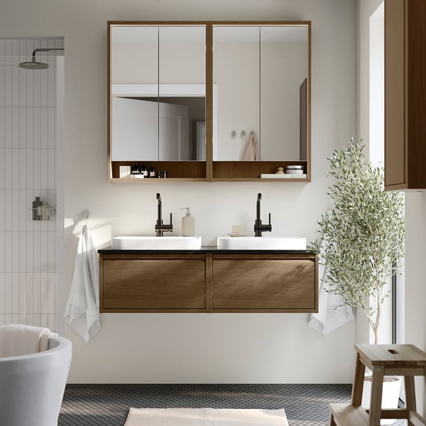 ÄNGSJÖN / BACKSJÖN - Washbasin/washbasin unit, oak-effect brown/marble-effect black,122x49x41 cm