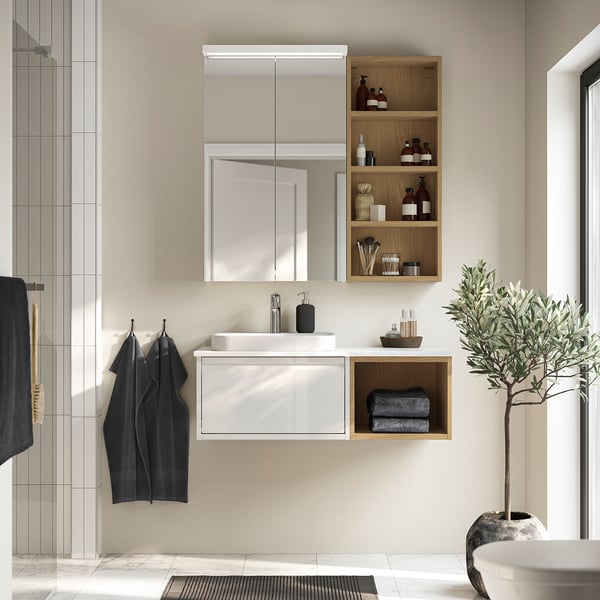 ÄNGSJÖN / BACKSJÖN - Washbasin/washbasin/mixer unit, glossy white/ oak-effect/marble-effect white,102x49x41 cm
