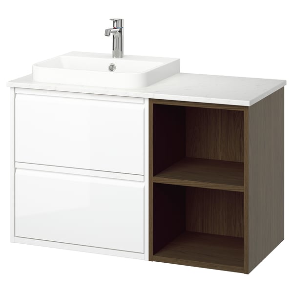 ÄNGSJÖN / BACKSJÖN wash-stand/wash-basin/tap, high-gloss white/brown oak effect/white marble effect, 102x49x71 cm