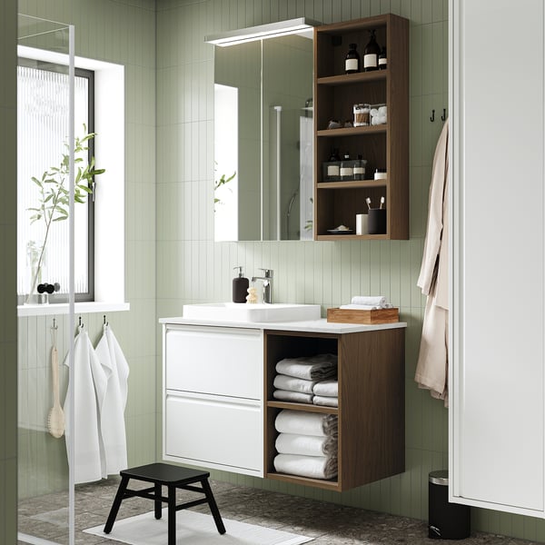 ÄNGSJÖN / BACKSJÖN wash-stand/wash-basin/tap, high-gloss white/brown oak effect/white marble effect, 102x49x71 cm