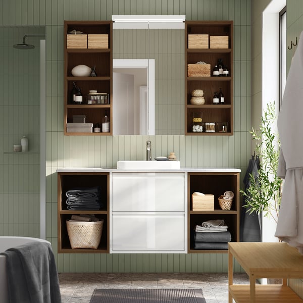 ÄNGSJÖN / BACKSJÖN wash-stand/wash-basin/tap, high-gloss white/brown oak effect/white marble effect, 142x49x71 cm