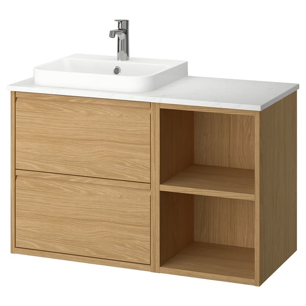 ÄNGSJÖN / BACKSJÖN wash-stand/wash-basin/tap, oak effect/white marble effect, 102x49x71 cm