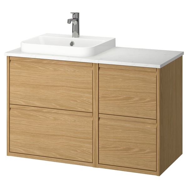 ÄNGSJÖN / BACKSJÖN - Washbasin/washbasin/mixer unit, oak/white marble effect,102x49x71 cm