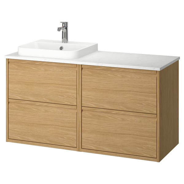 ÄNGSJÖN / BACKSJÖN wash-stand/wash-basin/tap, oak effect/white marble effect, 122x49x71 cm
