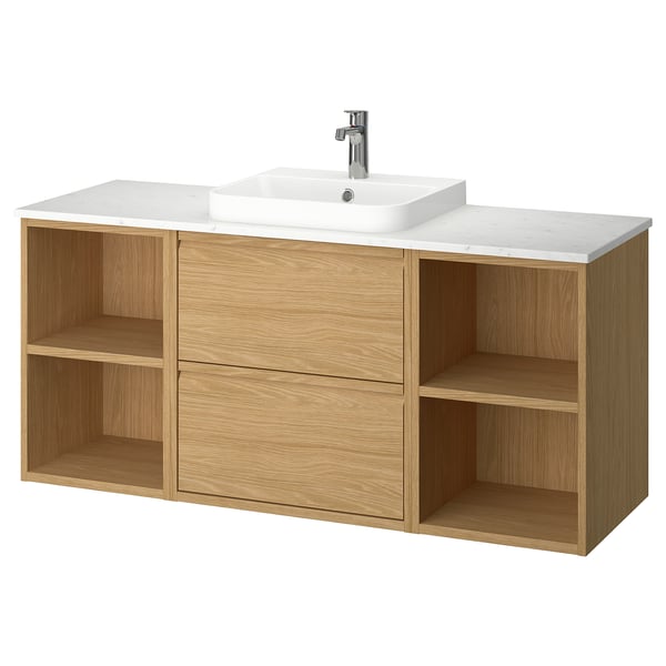 ÄNGSJÖN / BACKSJÖN wash-stand/wash-basin/tap, oak effect/white marble effect, 142x49x71 cm